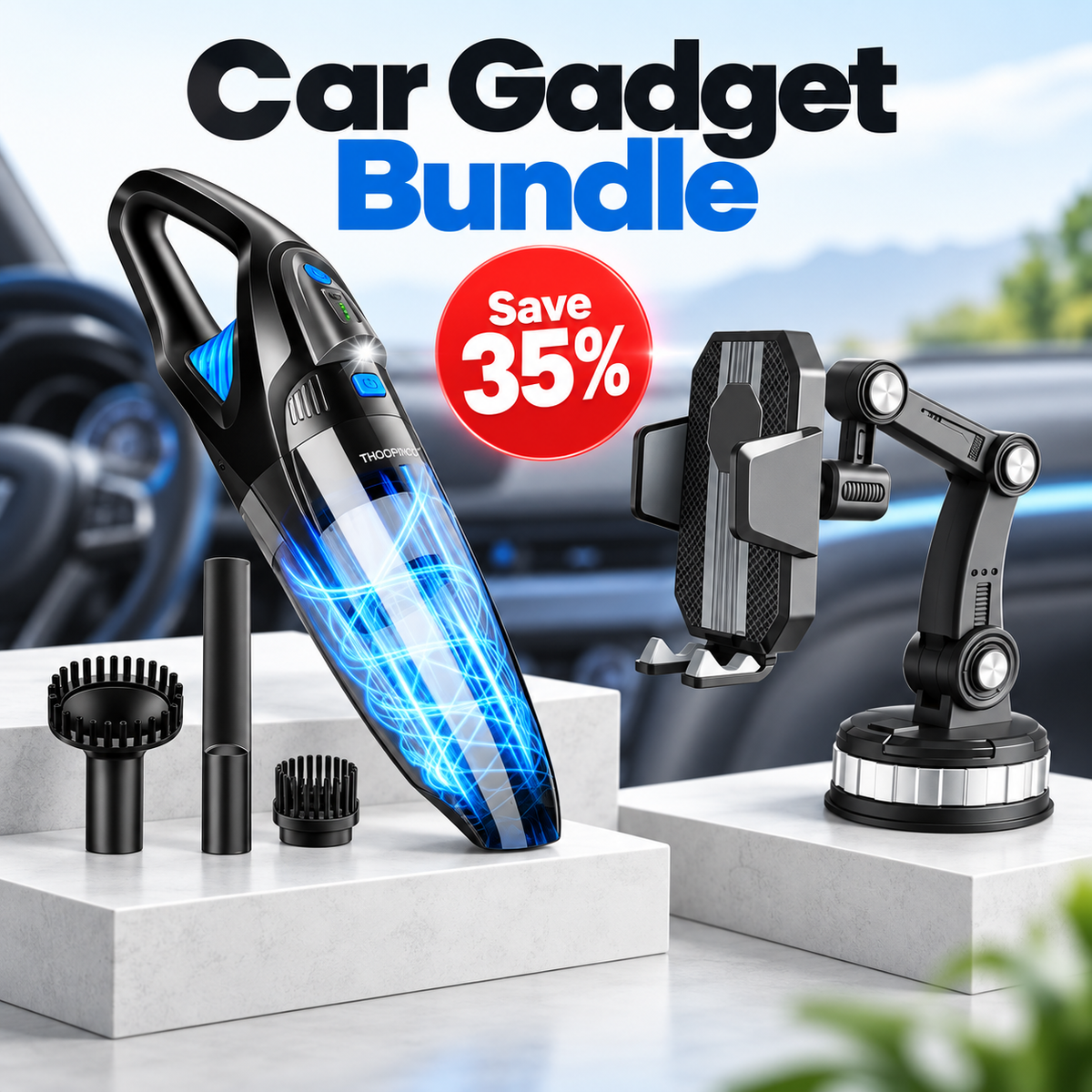 Car Cleaning Bundle – Cordless Car Vacuum + 360° Phone Holder