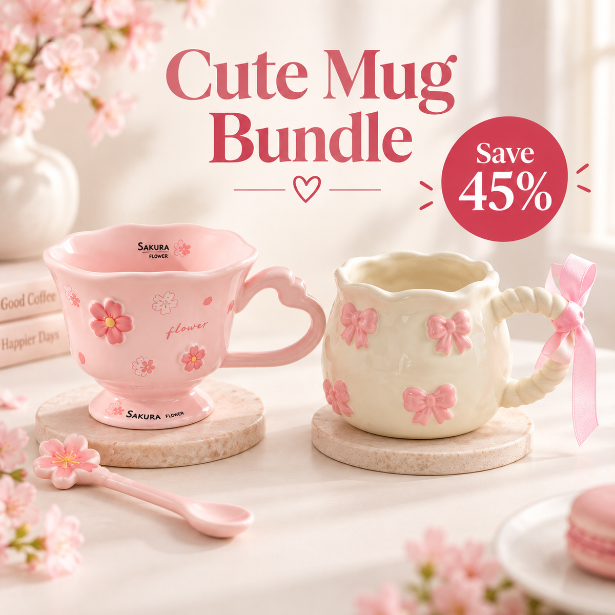 Coffee Mug Duo – Pink 3D Bow Mug + Cherry Blossom Mug