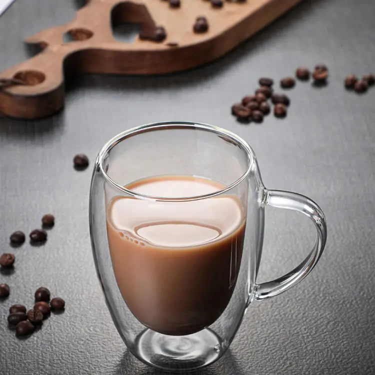350ml Double Wall Glass Coffee Mug with Handle