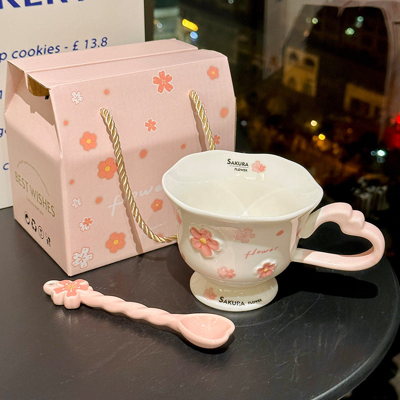 Cherry Blossom Ceramic Coffee Mug with Spoon 400ml