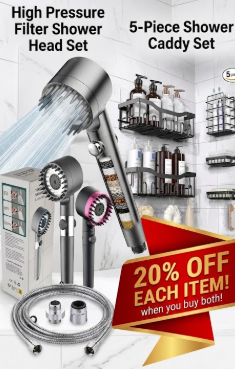 Bathroom bundle (High pressure filter shower head set + 5-piece shower caddy set)