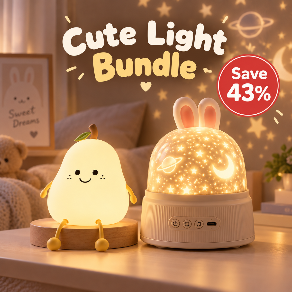 Night Light Bundle – Silicon LED Light + Rabbit Star Projector