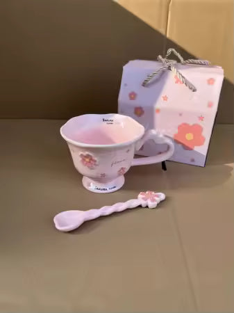 Cherry Blossom Ceramic Coffee Mug with Spoon 400ml